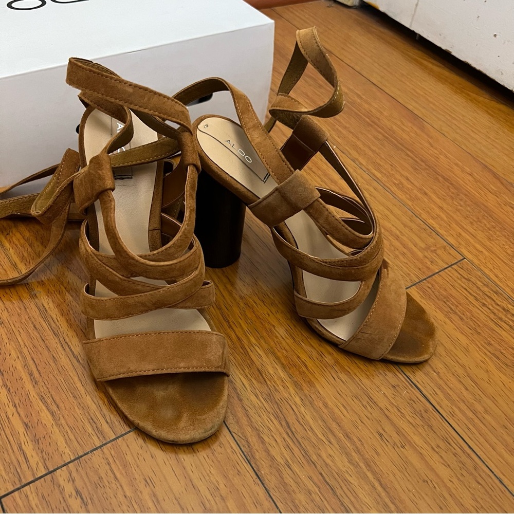 Aldo tan suede ankle wrap strappy heels Size 6